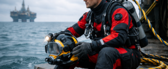 Commercial diver waiting to dive - sitting on dock